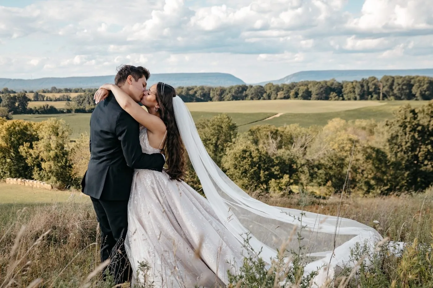 A bride's veil in the wind above the Delaware Water Gap